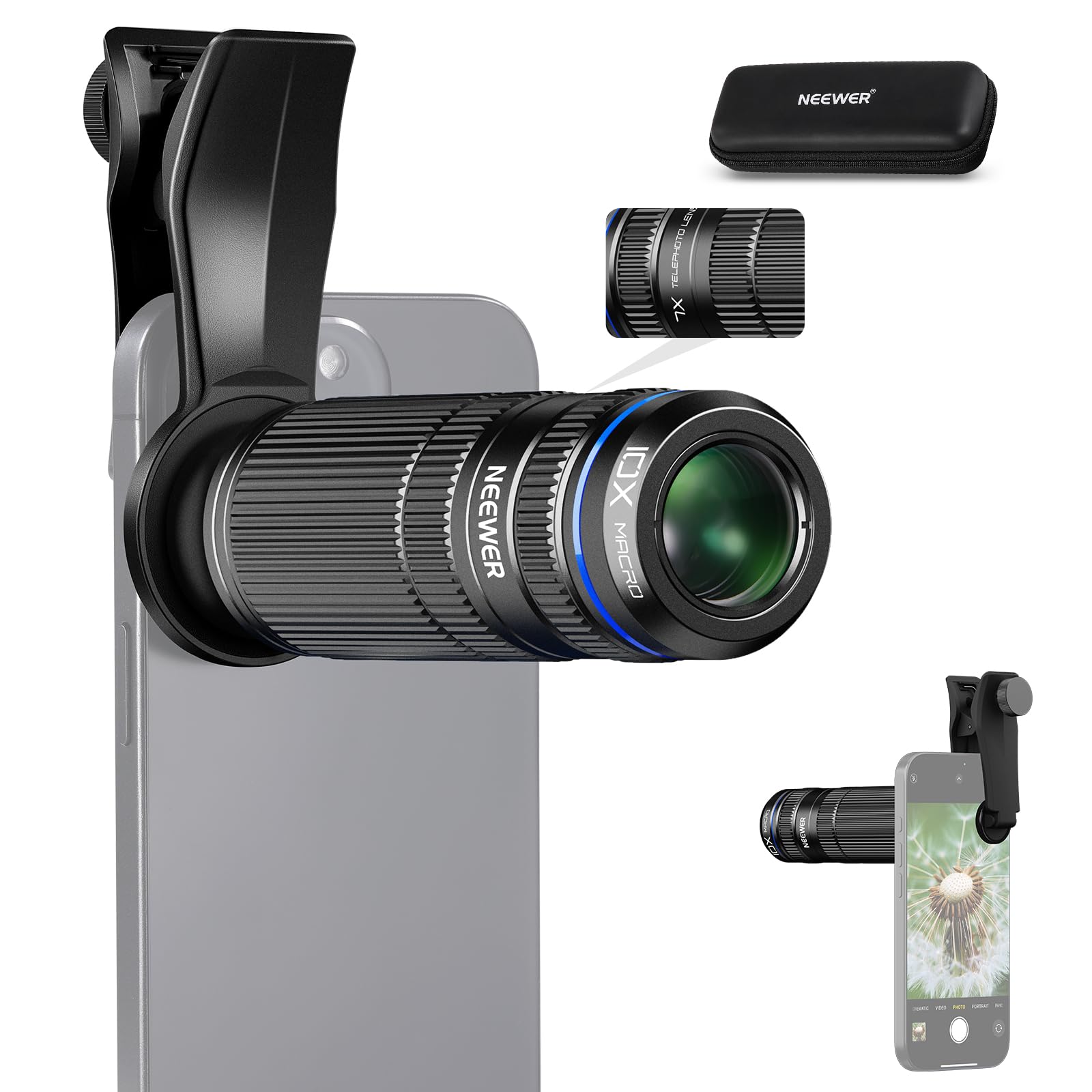 NEEWER 7X Telephoto Lens with Phone Camera Lens Clip, Detachable 10X Macro for 17mm Threaded Backplate/Phone Cage/Case Compatible with iPhone Samsung, LS-36 Ultra