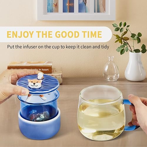 Miniatura 6 de Shiba Inu Cup - Taza de cristal de doble pared con bandeja de infusor y tapa, tazas de café expreso de cristal, perfecta para la oficina y el hogar,