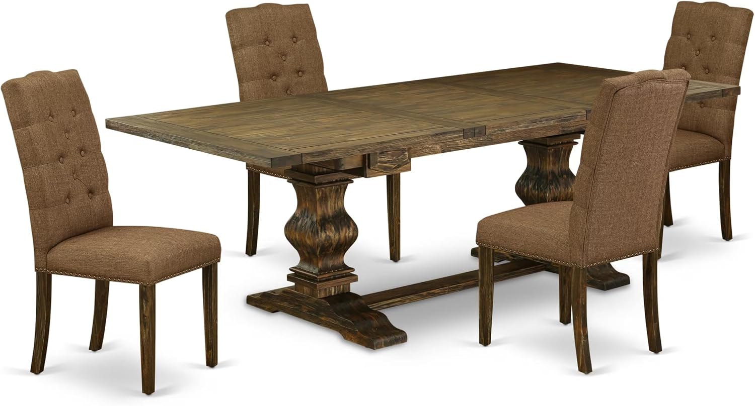 East West Furniture ALAEL5-77-18 5 Piece Modern Dining Table Set Includes a Rectangle Wooden Table with Removable Leaf and 4 Brown Linen Linen Fabric Parson Chairs, 42x92 Inch, Jacobean