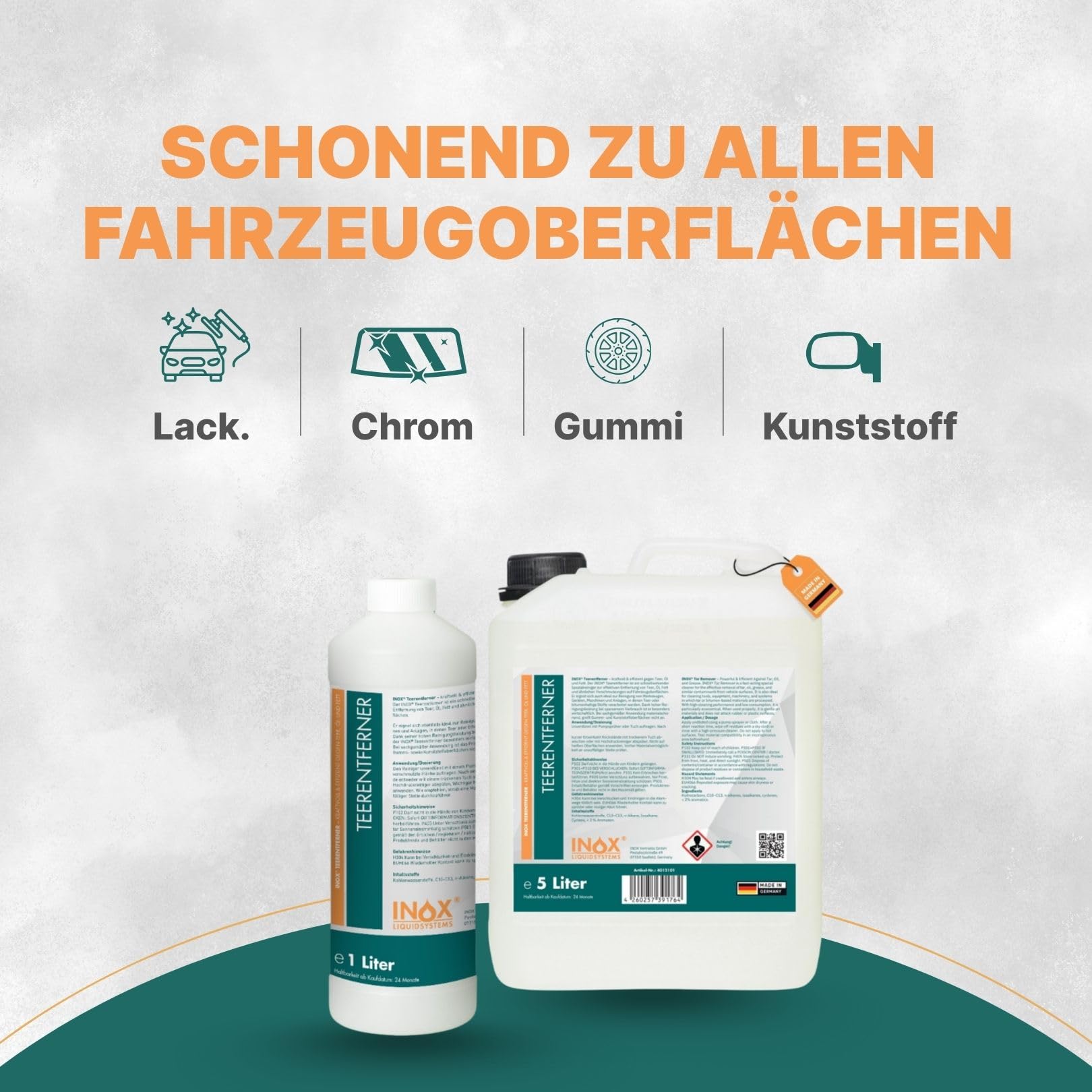 INOX® Auto Teerentferner 4 x 5L - Teerreiniger für Innenraum und Außen - Klebstoffentferner Baumharzentferner - Industriereiniger schonend zu Autolack und Chrom