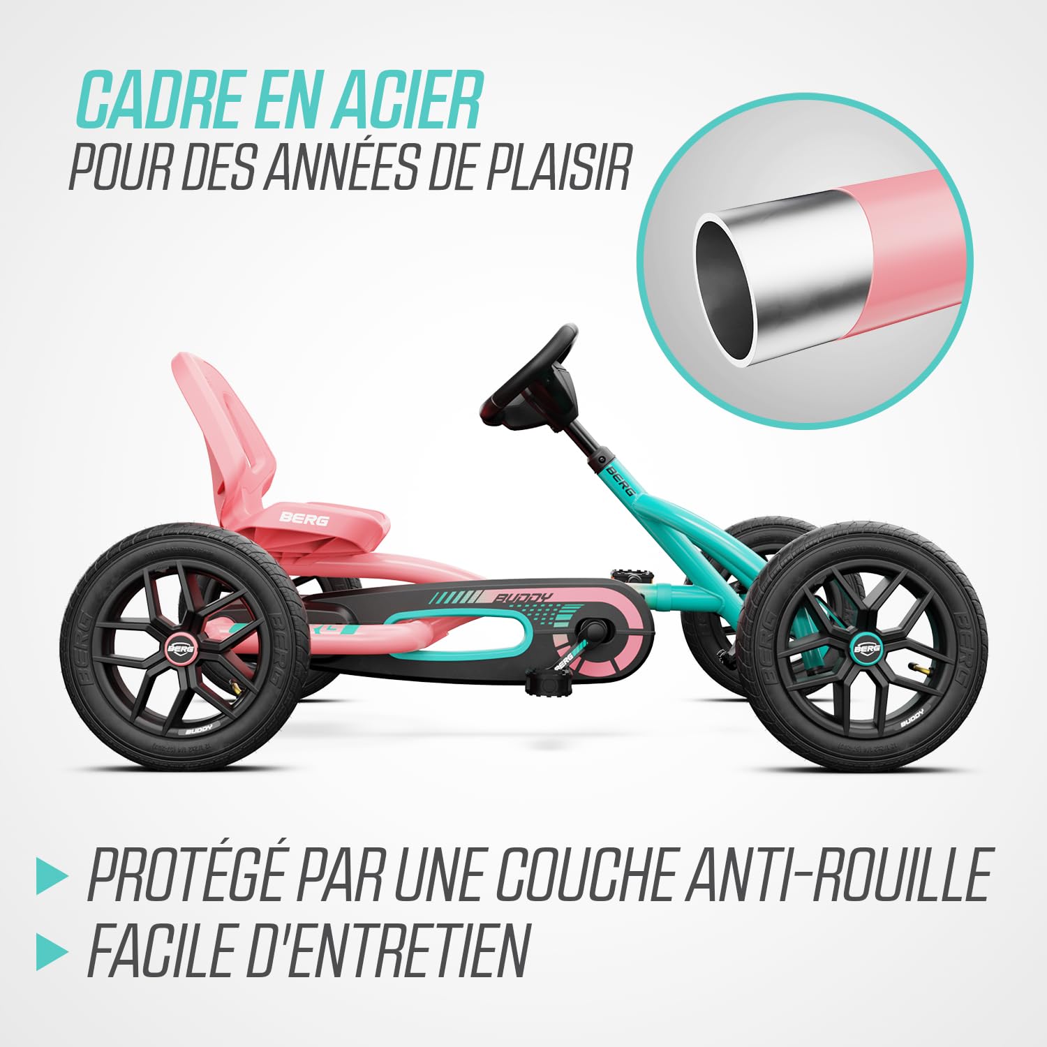 BERG Kart à pédales Buddy Lua | 3-8 ans, cadre robuste, selle réglable, volant réglable