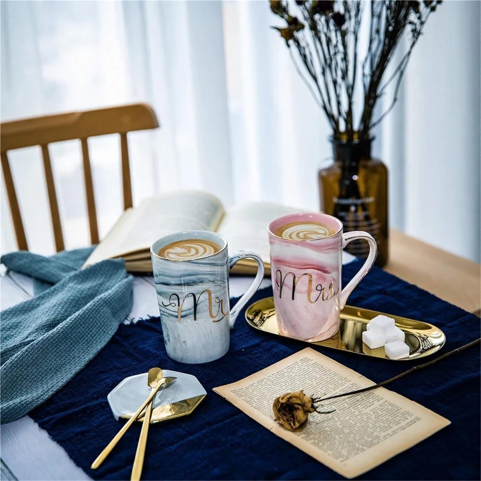 Taza de cerámica de mármol de 13,5 oz, juego de tazas de café Mr And Mrs for novia y novio, compromiso de aniversario de boda Para Boda(Pink Grey01)