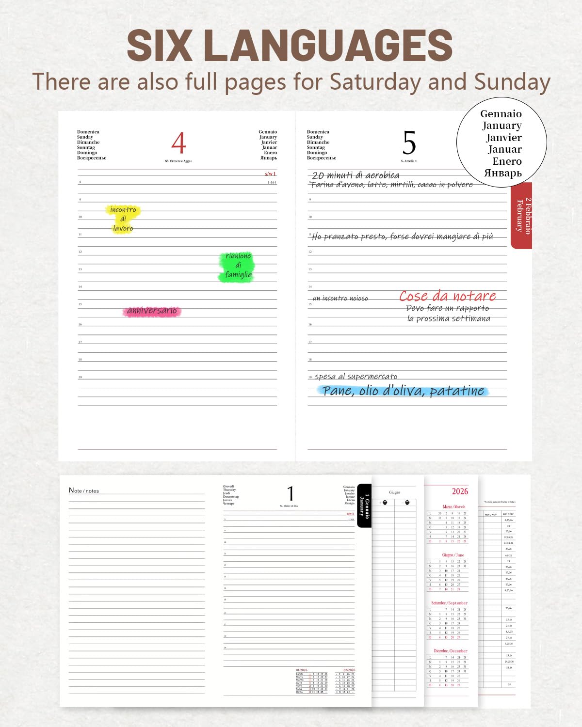 400 Pagine HW CASA Agenda 2026 Giornaliera A5,Festività (DE/IT/ES/EN/FR), Passante e Portapenna | Festività (DE/IT/ES/EN/FR), Riepiloghi Mensili | Gennaio-Dicembre