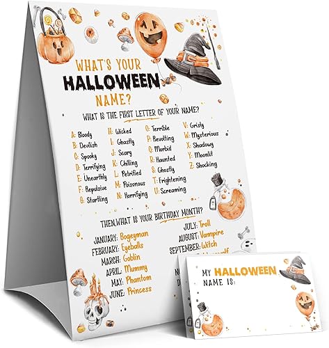Letrero de juegos de Halloween: ¿cuál es tu juego de nombre de Halloween, juegos y actividades de Halloween para la familia, juegos de fiesta de