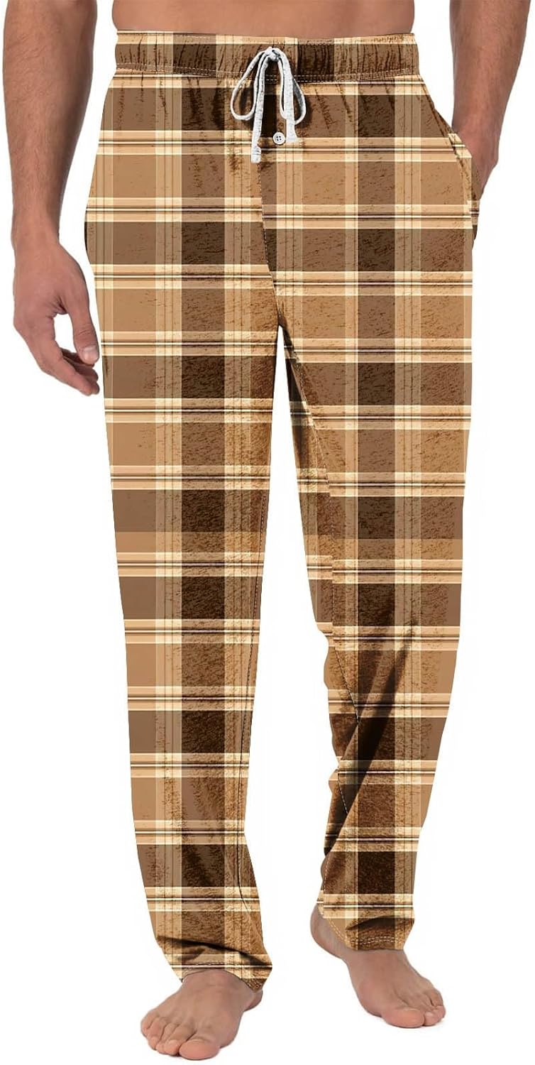 DuDubaby Mens Pajama Pant Flannel Plaid PJ Bottoms with Pockets Men's Relaxed Fit Printed Poplin Drawstring Sleep Pajama Pant