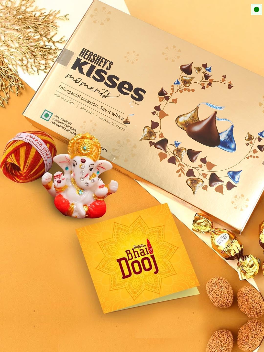 Bhai Dooj Gift Set for Brother with Hersheys Kisses Moments Chocolate Box (12 pcs) Mini Ganesha Idol Statue Greeting Card and Kalawa Roli Chawal Combo Pack