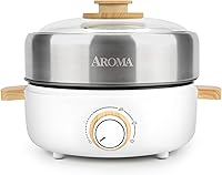 Aroma Housewares AMC-130 Whatever Pot: 2-in-1 Hot Pot & Indoor Grill, 2.5Qt Stainless Steel, Glass Lid, Bamboo Handles