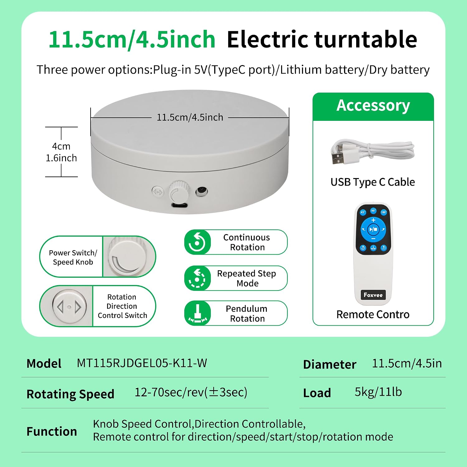 Remote-Controlled Motorized Turntable,360° Silent Spinning Display Stand,Speed-adjustable Rotating Platform,Multi-mode Rotating Display Base,Rotating Display Stand For Showcase(4.53inch/White)