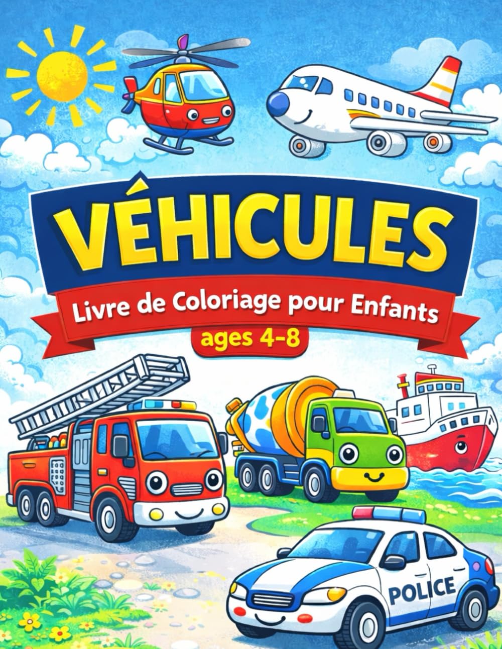 Véhicules – Livre de Coloriage pour Enfants: 122 pages de coloriage amusant avec voitures, camions, avions, bateaux et véhicules du quotidien – Format 8.5 x 11