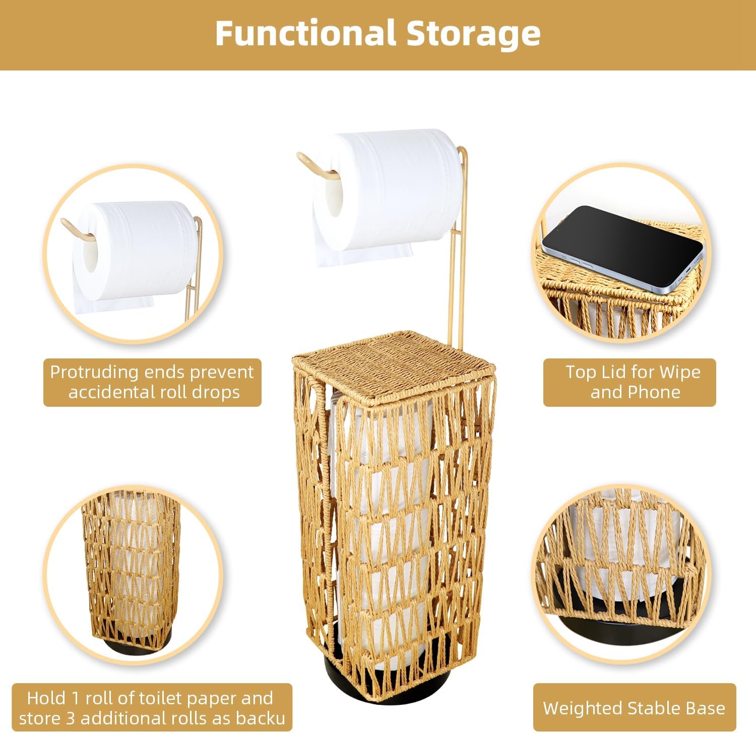 Free Standing Toilet Paper Holder Stand with Shelf, Bathroom Floor Toilet Tissue Holder Stand Handwoven Bath Pedestal Square Toilet Paper Roll Holder Storage Organizer Basket Rack Dispenser