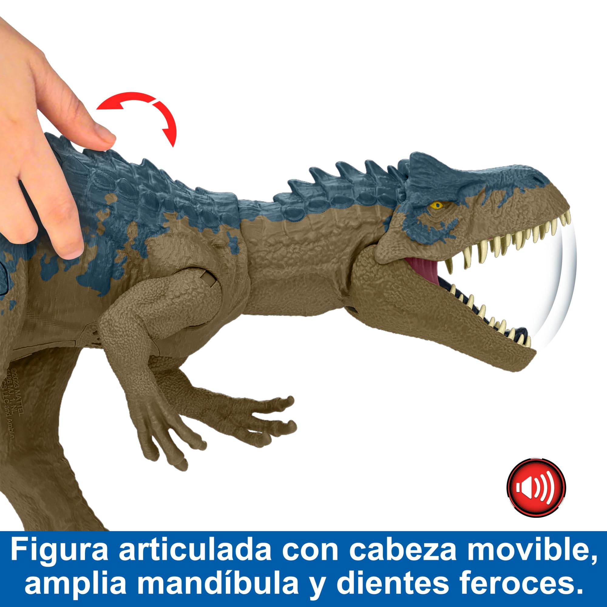 Mattel Jurassic World Alosaurus Dinosaurio de juguete con sonidos, ataque con embestida, +4 años, HRX51