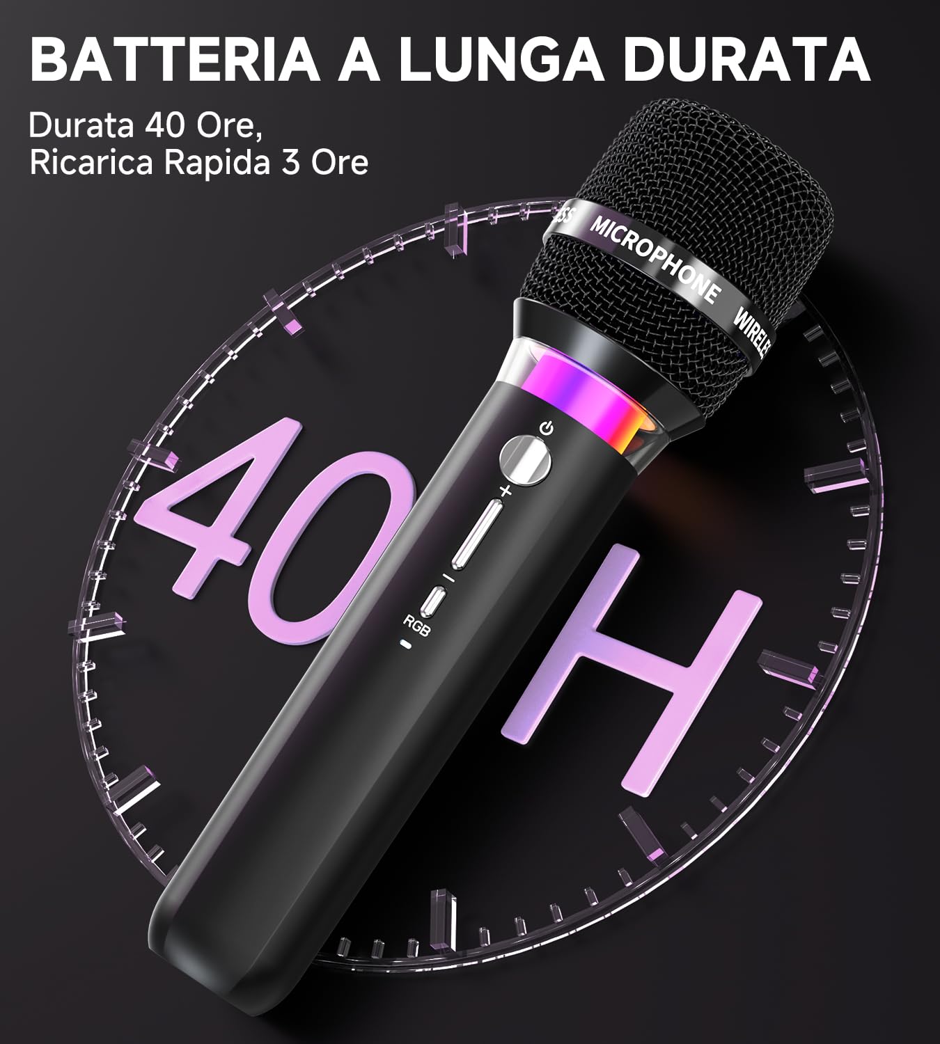 Microfono Wireless, Microfoni Wireless Ricaricabili Doppi Con Connessione Chip Uno a Uno e Luci LED, Durata 40 Ore, Portata di Ricezione 200 Piedi, Microfono Karaoke a Latenza Ridotta per Cantare