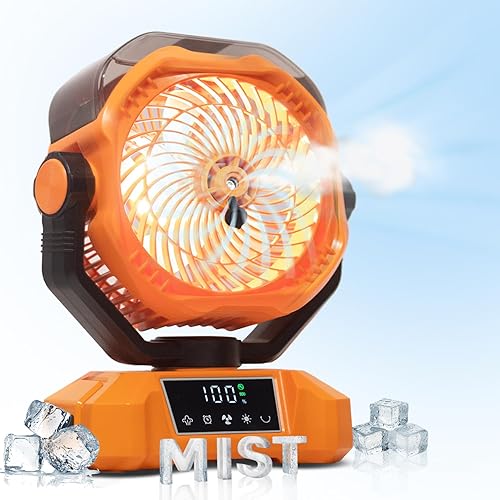 Portable Misting Fan - 20000mAh Rechargeable Water Fan for Patios, Camping, Outdoor - 90° Auto Oscillation + 270° Manual Tilt - 5 Speeds, 3 Levels Lights, 8 Timer Modes, 23db Low Noise