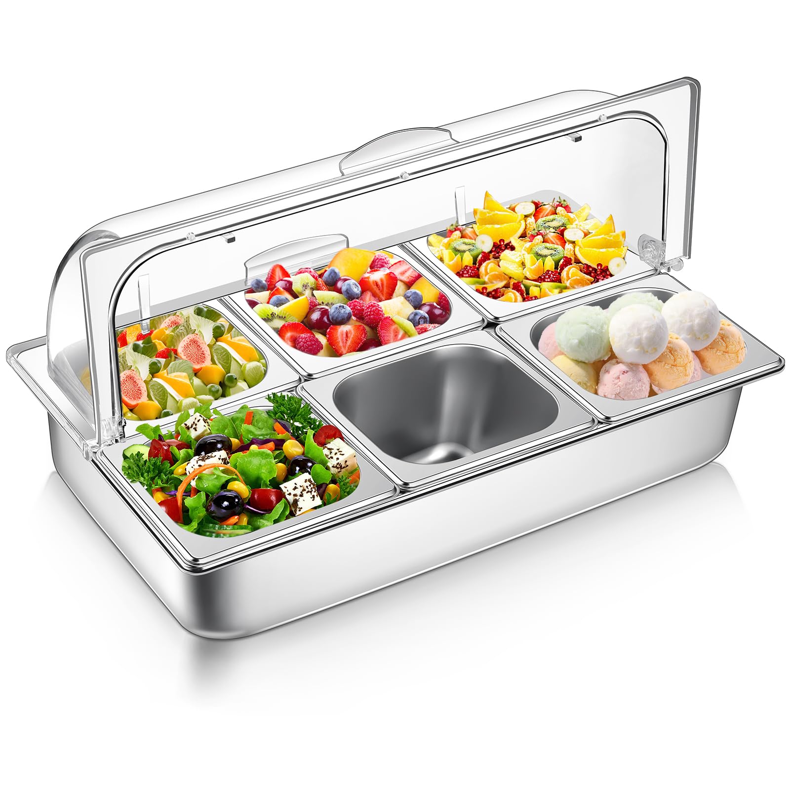 Expositor de acero inoxidable para servir buffet de 6 sartenes con cubierta superior enrollable transparente de 21 x 13 x 11 pulgadas, dispensador de condimentos y estante de alimentos refrigerado por