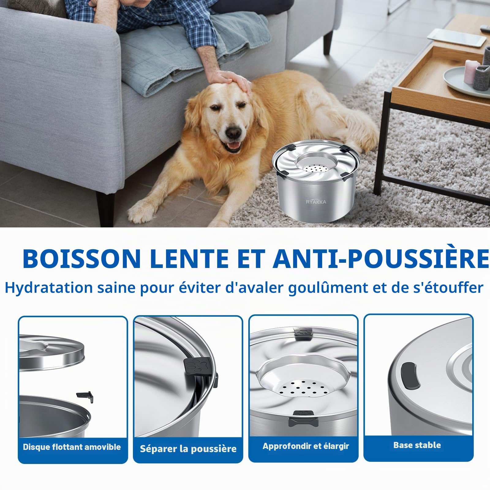 Gamelle d'eau anti-déversement pour chien de 5,6 l en acier inoxydable - Gamelle de voyage pour chiens de grande race - Distributeur de désordre - Gamelle d'alimentation lente pour les buveurs