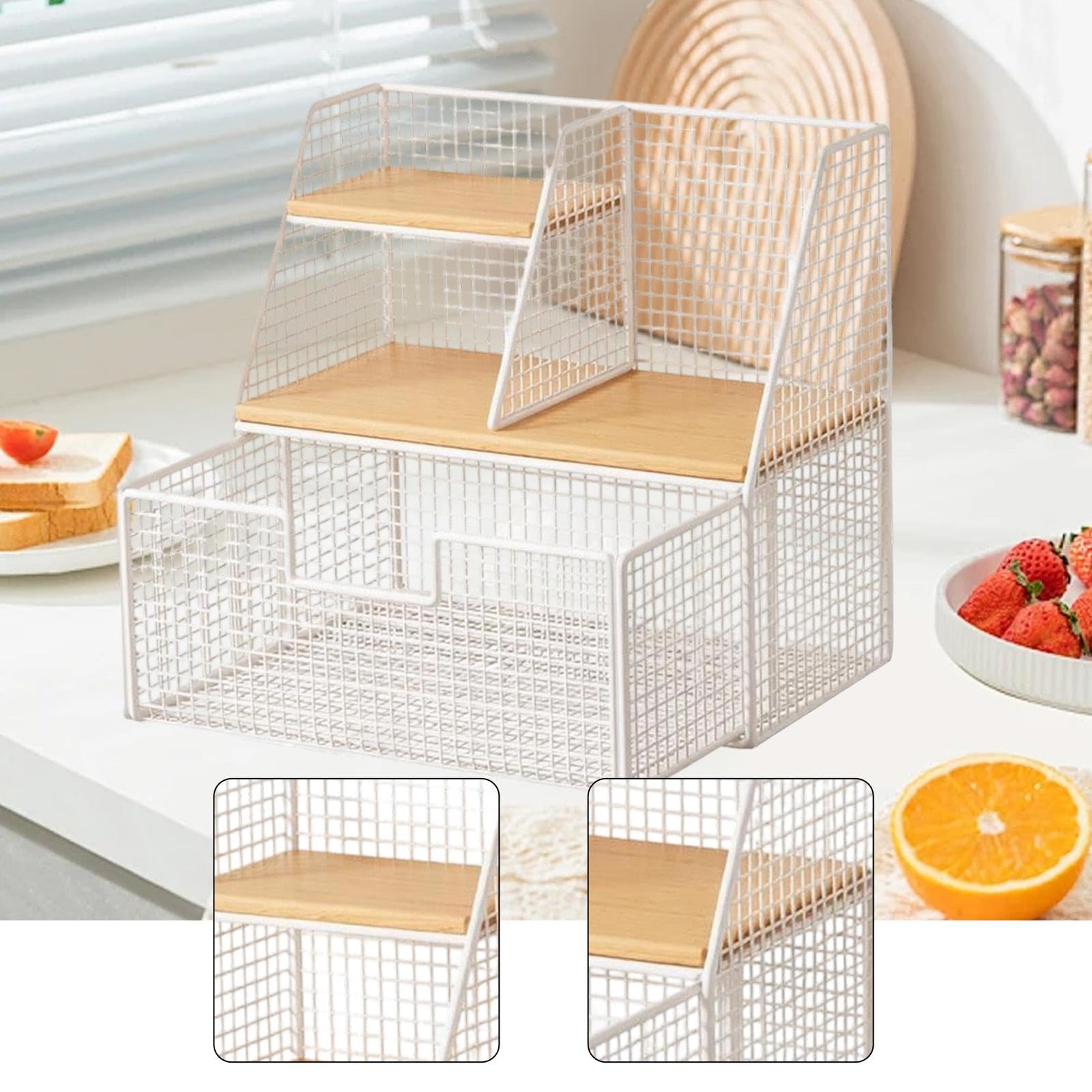 Qianly Organisateur de Sachets de Thé en Bois, Support de Rangement pour Sachets de Thé, Boîte de Rangement Compartimentée en Fer, White L
