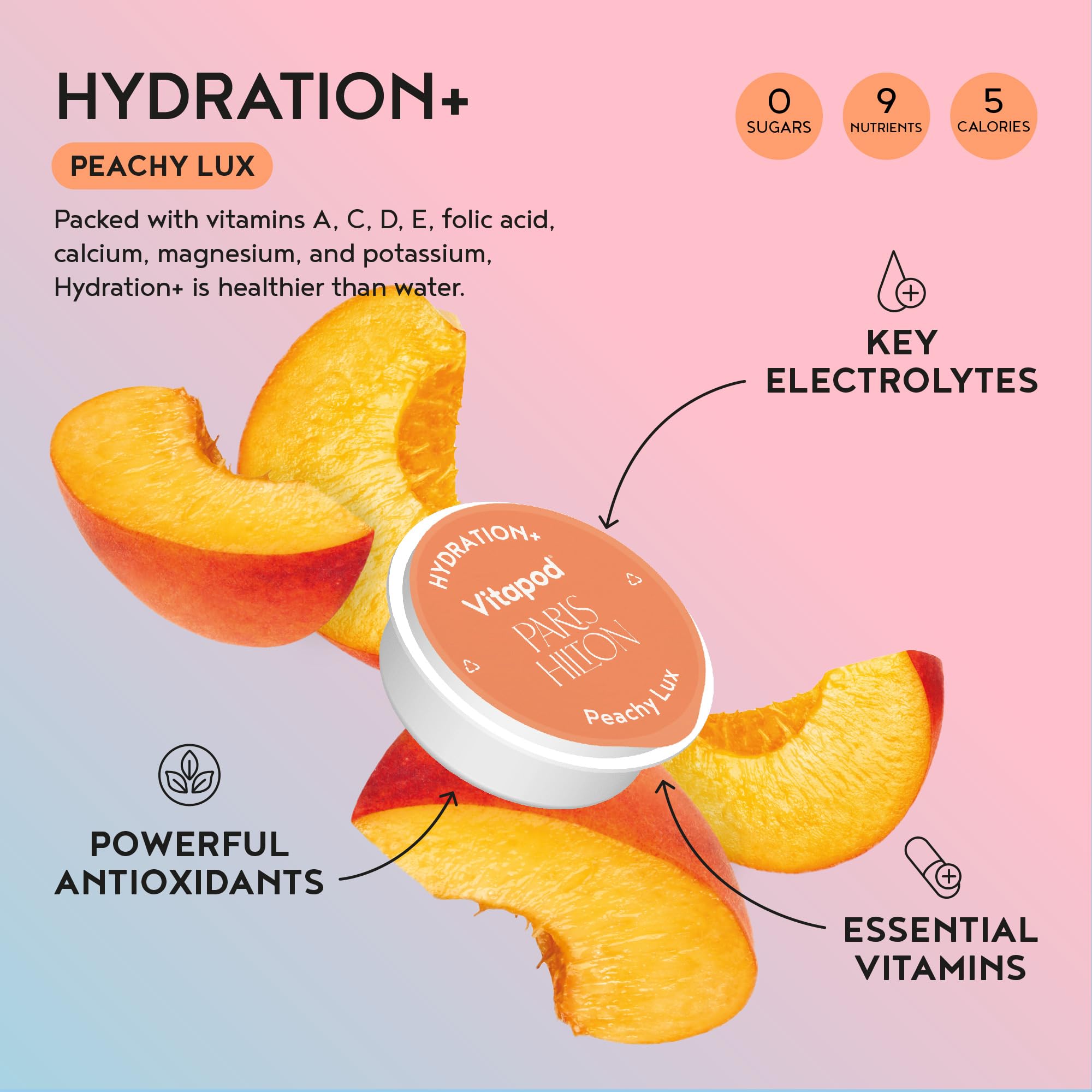 Paris Hilton x Vitapod Hydration+ Peachy Lux Functional Drink Mix, 7 Pods, Sugar-Free, 5 Calories, Packed with Electrolytes, Antioxidants, and Essential Vitamins