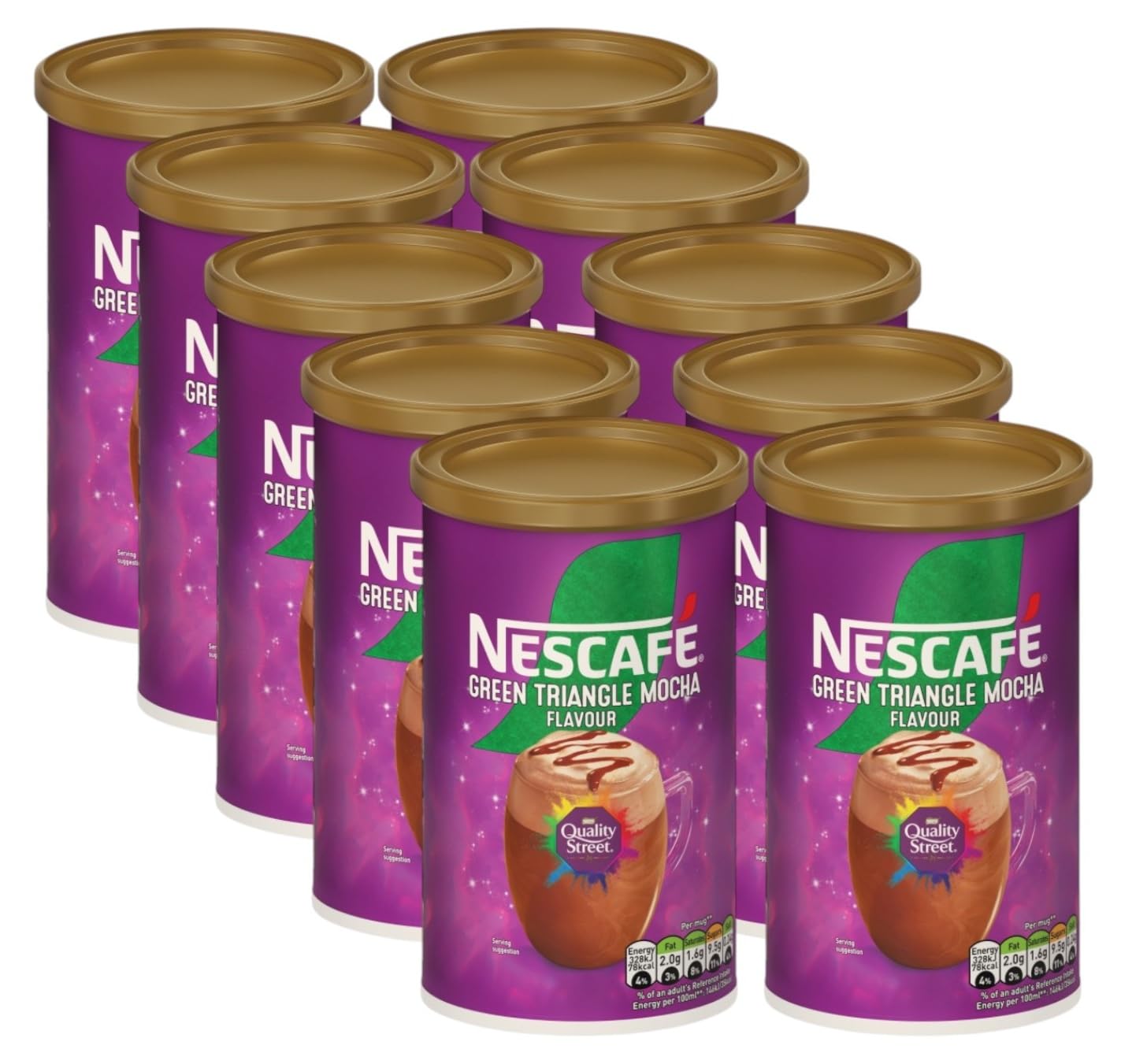 NESCAFÉ Green Triangle Mocha Instant Coffee Tin, 260g (Pack of 10) – Multiserve Frothy Instant Coffee Inspired by Quality Street – Hazelnut & Chocolate Flavour – 2600g Total