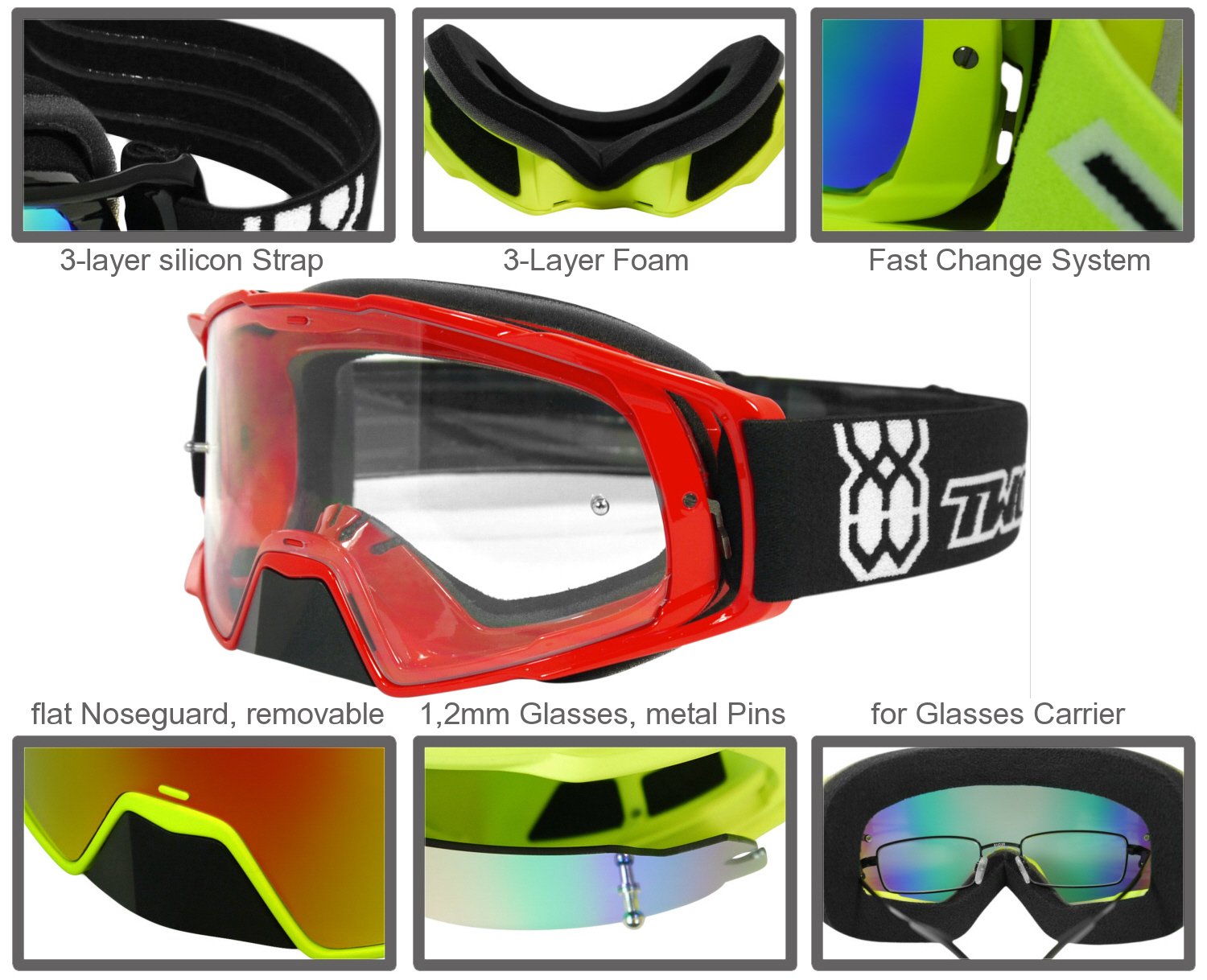 TWO-X Occhiali da motocross Rocket giallo trasparente MX occhiali da motocross enduro vetro trasparente occhiali protettivi con protezione naso anti-graffio Fast Change