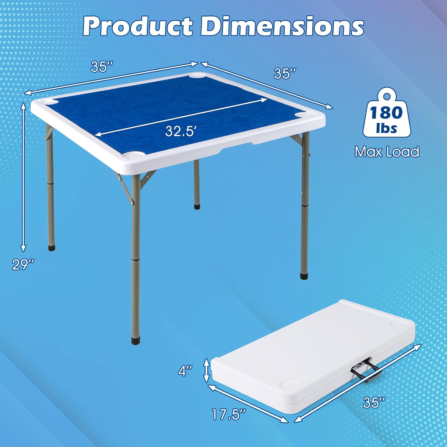 Giantex Folding Mahjong Table, 35" Square Card Table with Cup Holders, Removable Noise Reduction Mat, HDPE Tabletop, 4-Player Portable Domino Tables for Poker Blackjack Board Game (Dark Blue)