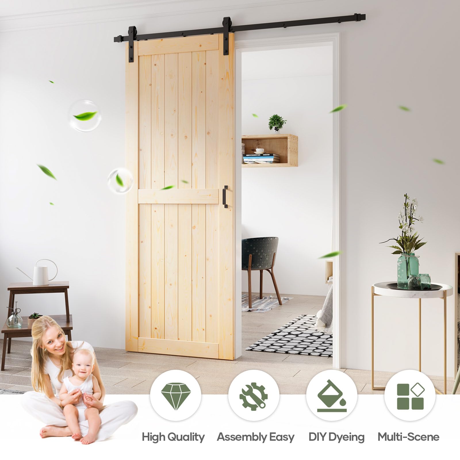 Condition photo showing New/Like New for 36x96 inch Sliding Barn Wood Door Slab with 6.6ft Hardware Kit, Requires Simple DIY Assembly