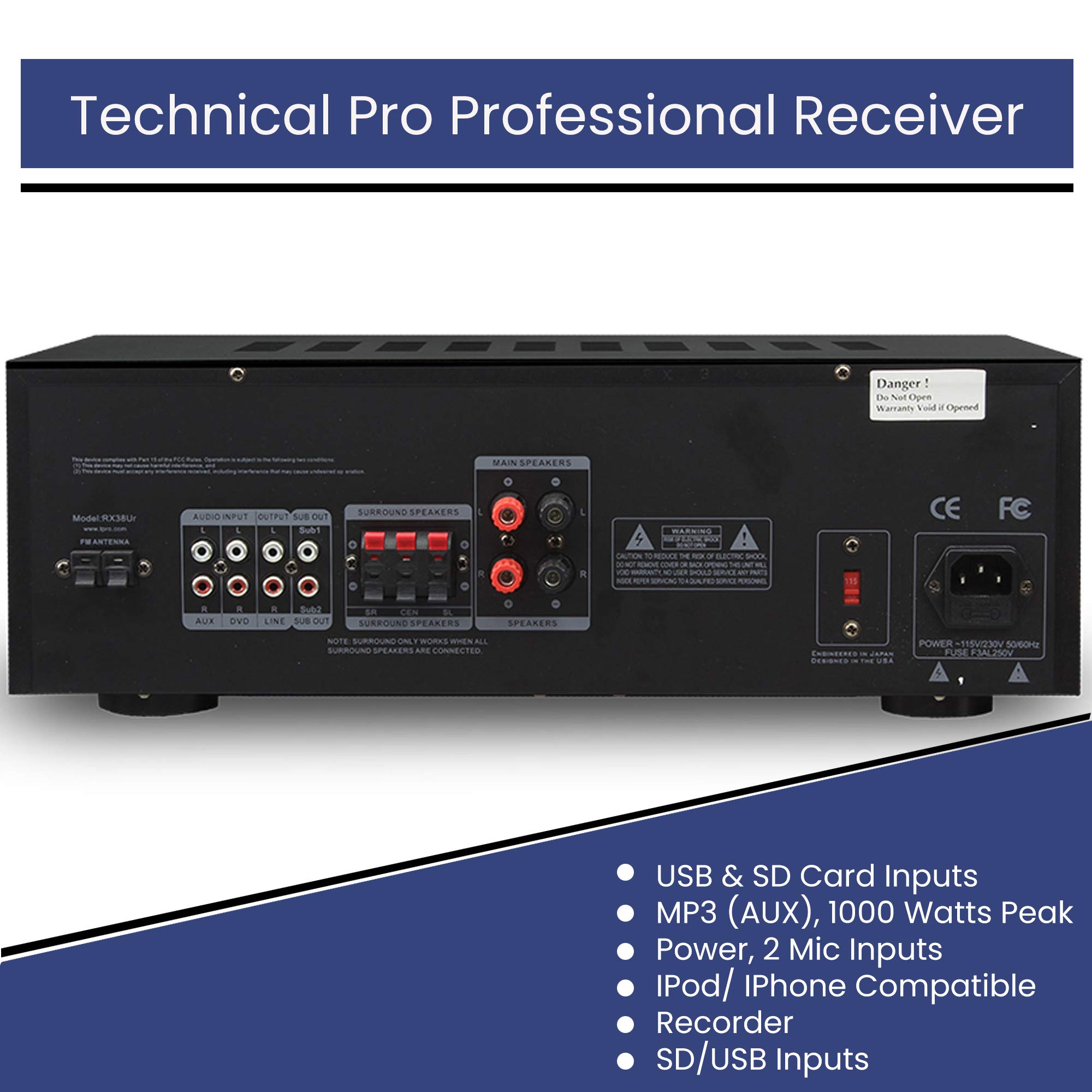 Technical Pro 1000 Watts Professional Home Theater Receiver System Kit w Portable Microphone with Digital Processing and Remote 6 Qty of 5.25” Ceiling Wall Mount Framed Speakers