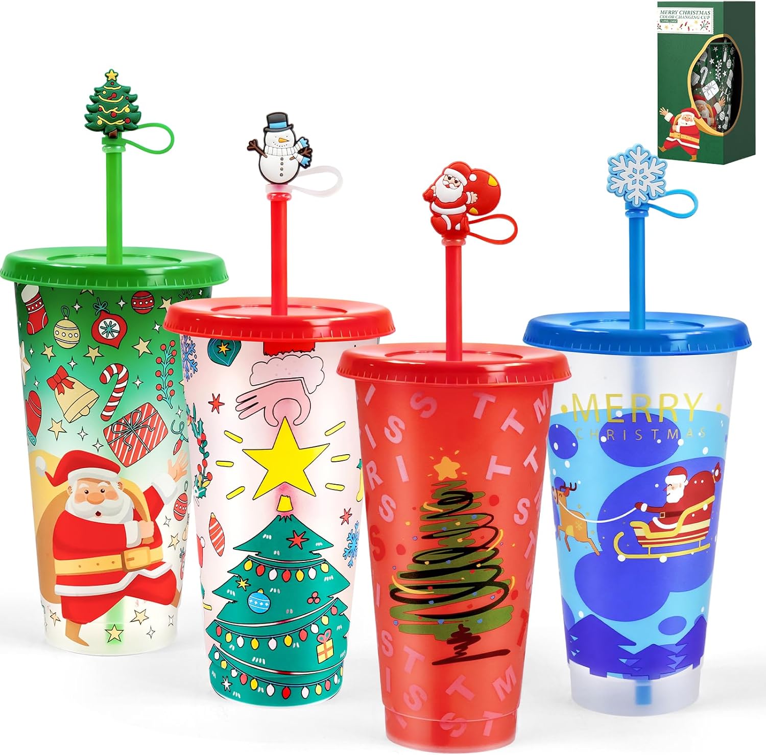 Christmas Color Changing Cups with Lids, Straws & Cute Straw Caps, 24oz PP Reusable Tumblers for Cold Drinks, 4 Pack Holid Christmas New Year Gift for Kids, Teens & Adults