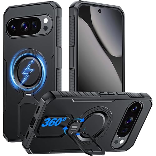 CENMASO Magnetic for Google Pixel 10 Pro XL Case with 360° Spin Stand, Fit for Magsafe, Military Grade Protection, Shockproof Case for Pixel 10 Pro XL with Kickstand & Ring Stand (Black)