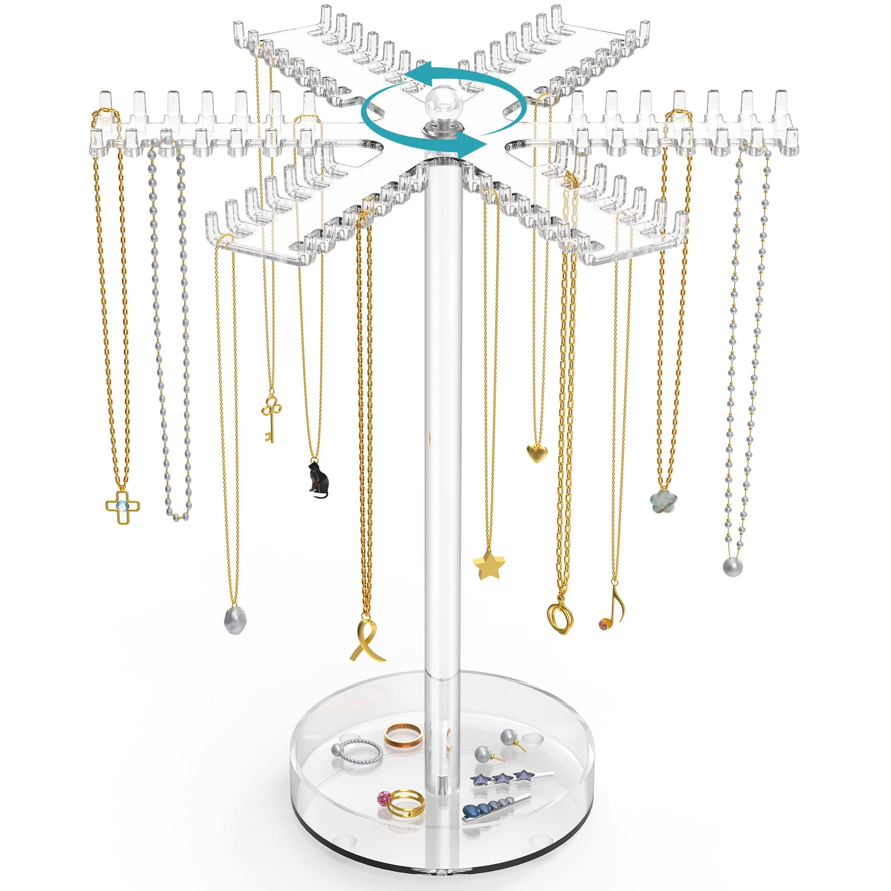 NiHome 360° Rotating Clear Acrylic Necklace Organizer for Home, Jewelry Stores, Events - Elegant Snowflake Shape Tangle-Free 84 Hooks Jewelry Holder, Bottom Storage Tray for Hairbands, Rings & More
