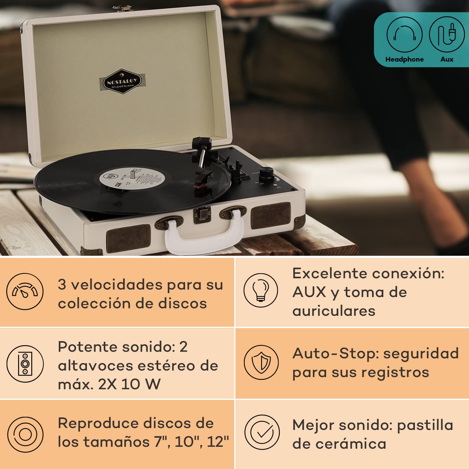 AUNA Peggy Sue - Tocadiscos de Vinilo, Reproductor de vinilos, accionamiento por Correa, Altavoces estéreo, Puerto USB, reproducción y digitalización, Control de Volumen, Salida de línea, Crema