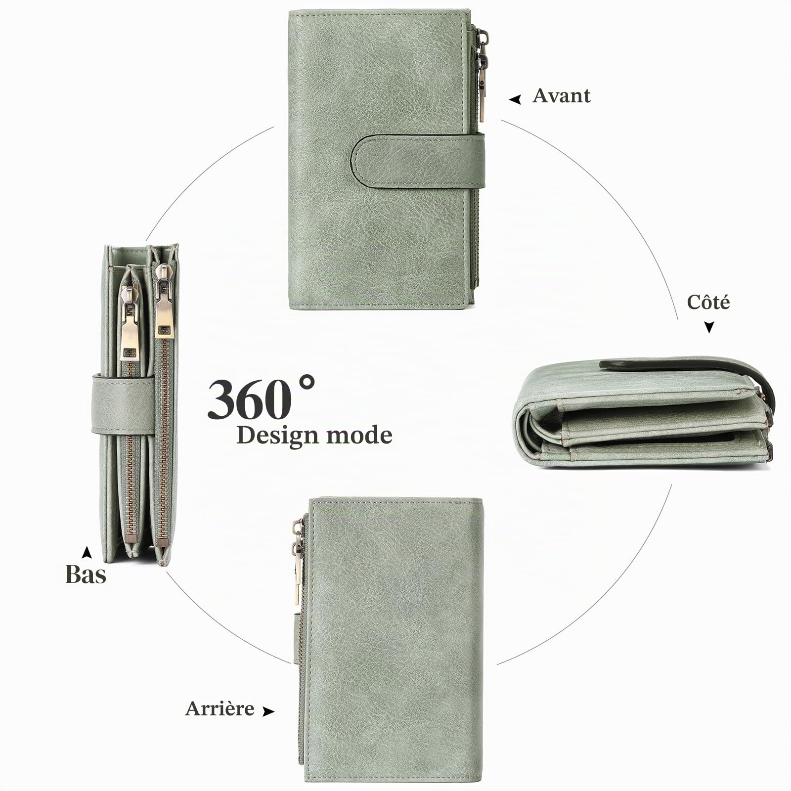 GOIACII Portefeuille Femme Cuir Moyen Porte-Cartes de Crédit RFID Double Fermeture éclair Porte Monnaie Grande Capacite avec 16 Cartes et 3 Fenêtre D'identification