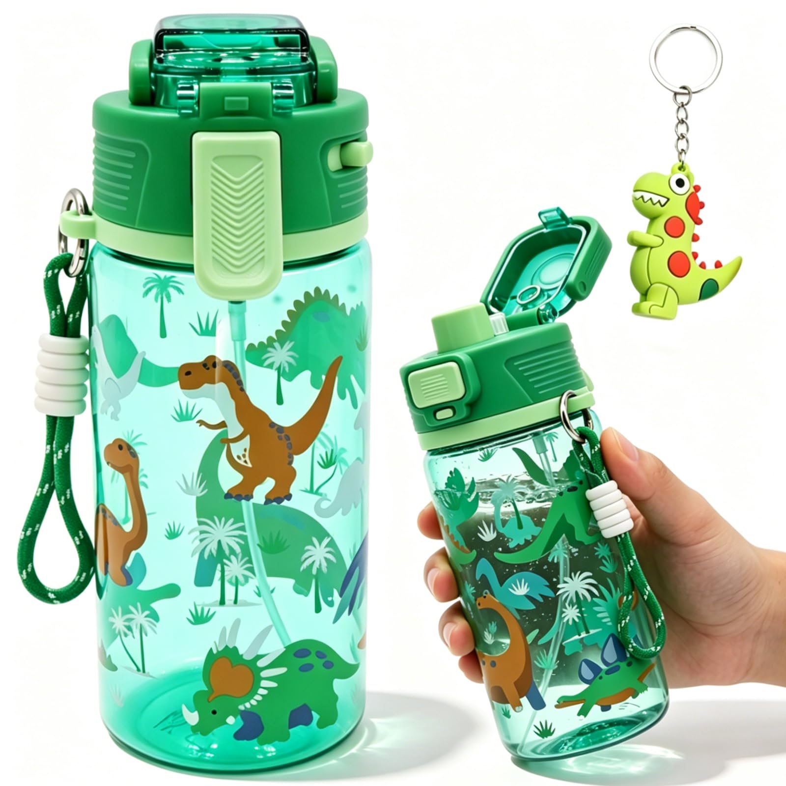 KMFASVX 2-in-1 Mist & Sip Water Bottle,600ml Spary Water Bottle for Kids,Leakproof Lightweight Sports Water Bottle with Dinosaur Keychain, Ideal for School Sports Outdoor Travel & Camp