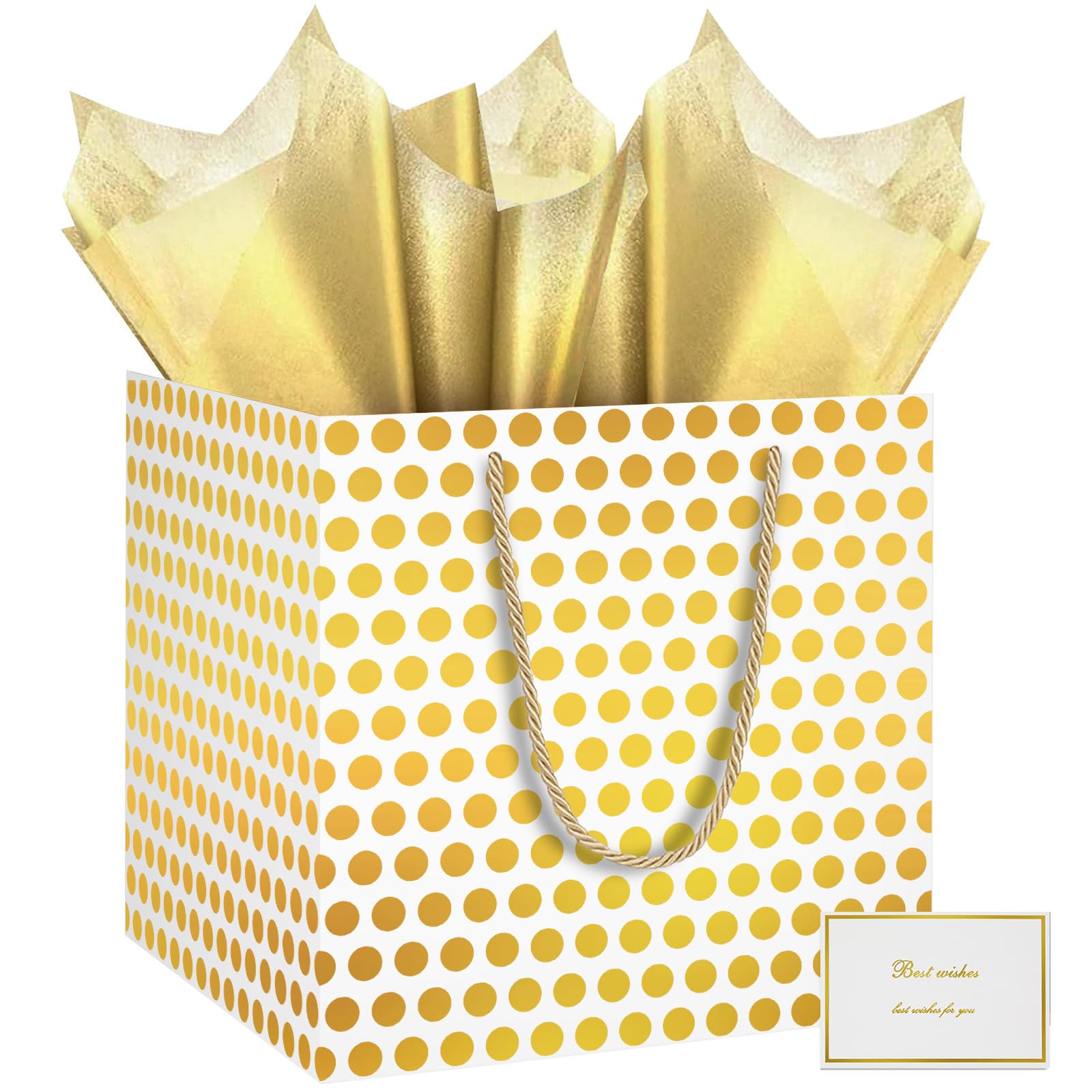 THXIY 11.8" Large Sturdy Square Gift Bag, Gold Polka Dot Gift Bags, 30x30x30cm with Tissue Papers Card, Luxury Present Present Bridesmaid Gift Gifts Bag for Birthday Wedding Baby Shower Anniversary D