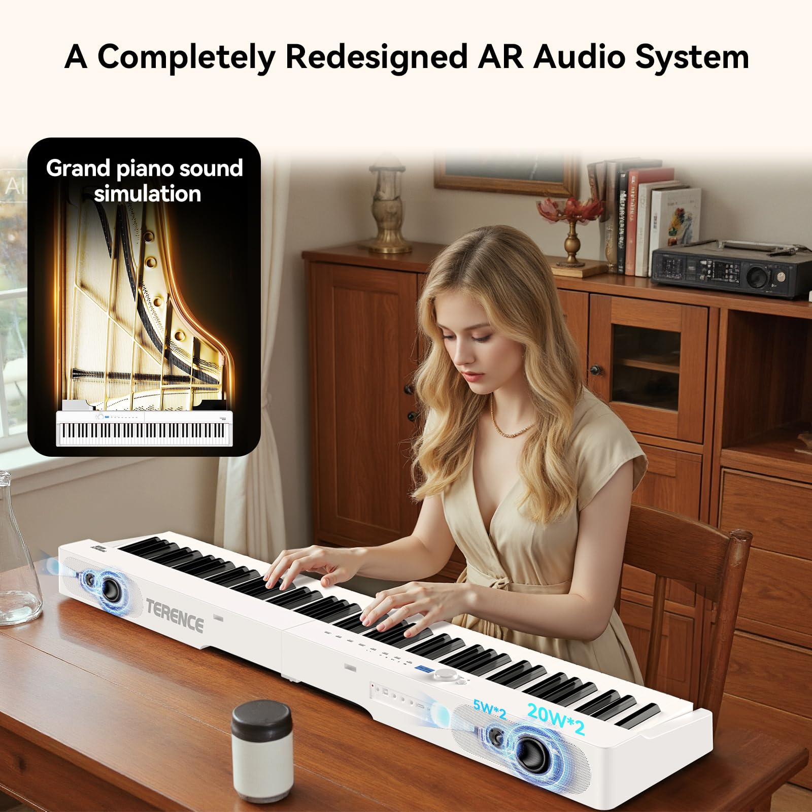 TERENCE V70 Pianoforte Digitale 88 Tasti Pesati – Tastiera Musicale con 4 Altoparlanti 20W×2+5W×2 –Custodia Cuffie in Omaggio – Pianoforte Elettrico per Esami e Studio –Bianco