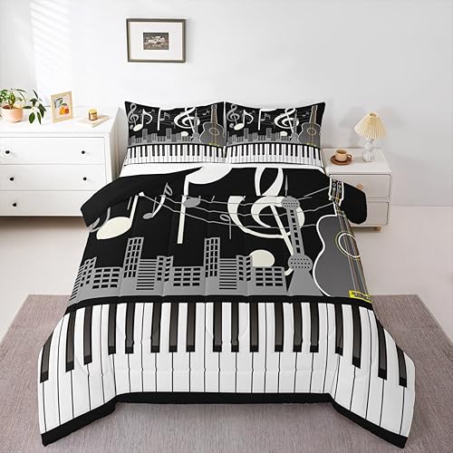 Erosebridal Paino Keys - Juego de ropa de cama tamaño matrimonial con notas musicales de guitarra, rock, edredón para niños, adolescentes, hombres,