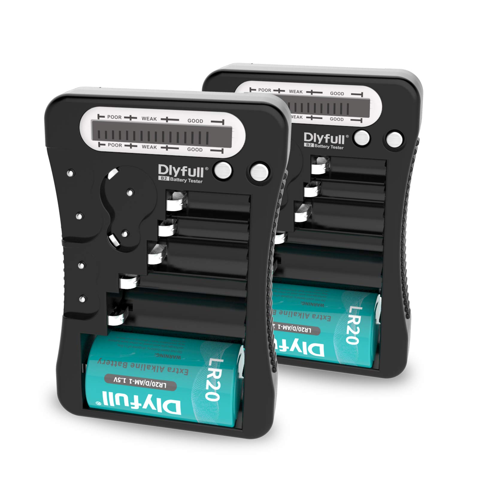 2 Pack Dlyfull Universal Battery Tester with LCD Display, Multi Purpose Small Battery Checker for AA AAA C D 9V CR2032 CR123A CR2 CRV3 2CR5 CRP2 1.5V/3V Button Cell Batteries