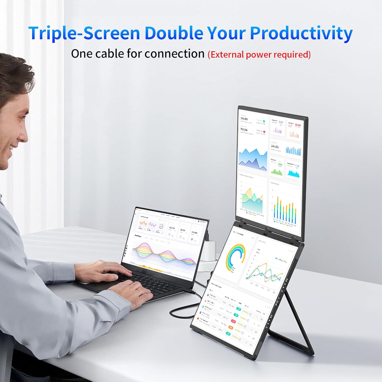Laptop Screen Extender, 18.5" Dual Monitors Stacked Folding Triple Monitor (Wins/Mac) 1080P 100hz USB C Travel Extended Computer Display Triple Portable Monitor for Laptop PC Windows Mac - Image 4