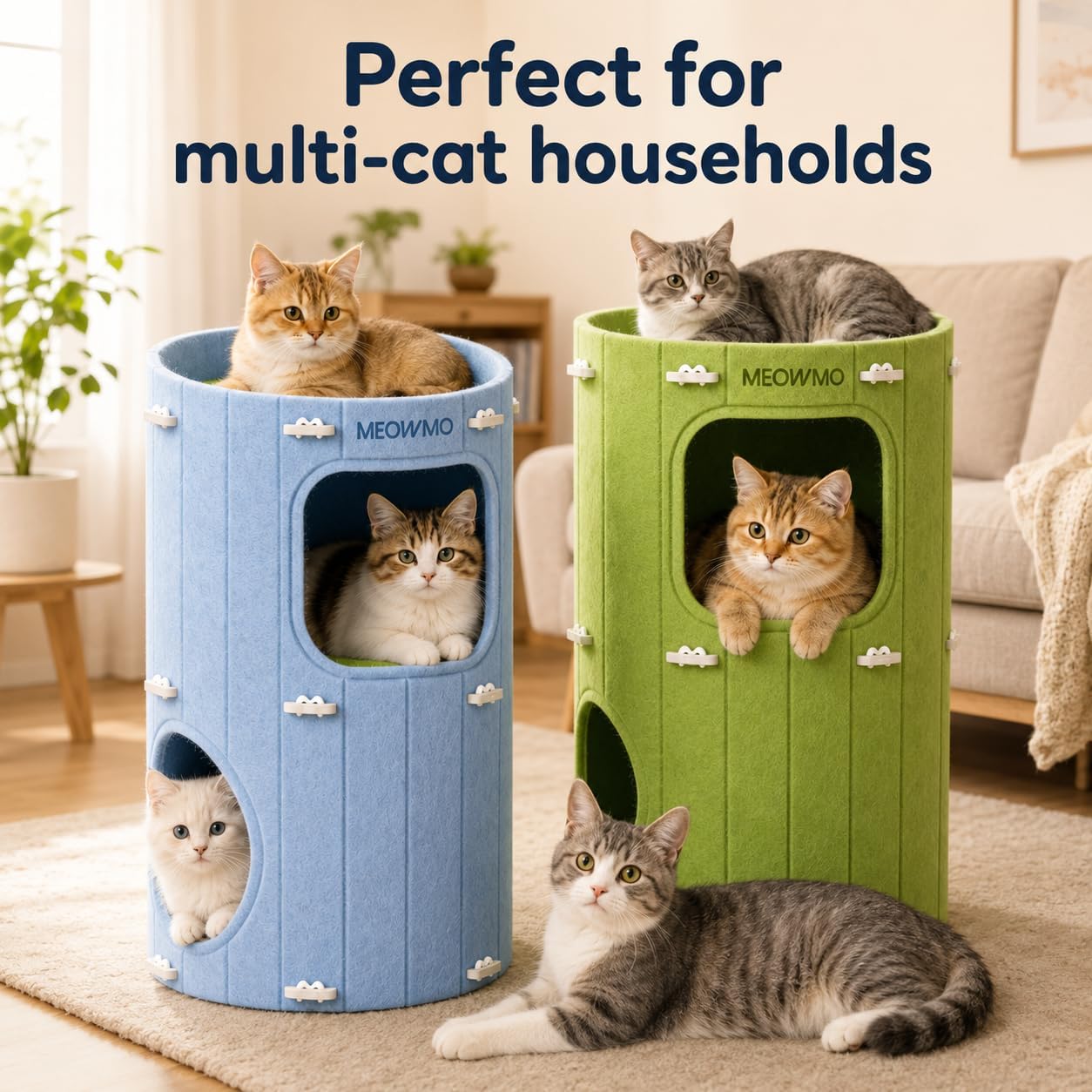 3 in 1 Felt Cat Bed Cave Cat House for Indoor Cats Scratch Resistant | Cylinder Reinforced Sturdy Foldable Cat Condo Multi-openings for Multi-Cat Homes