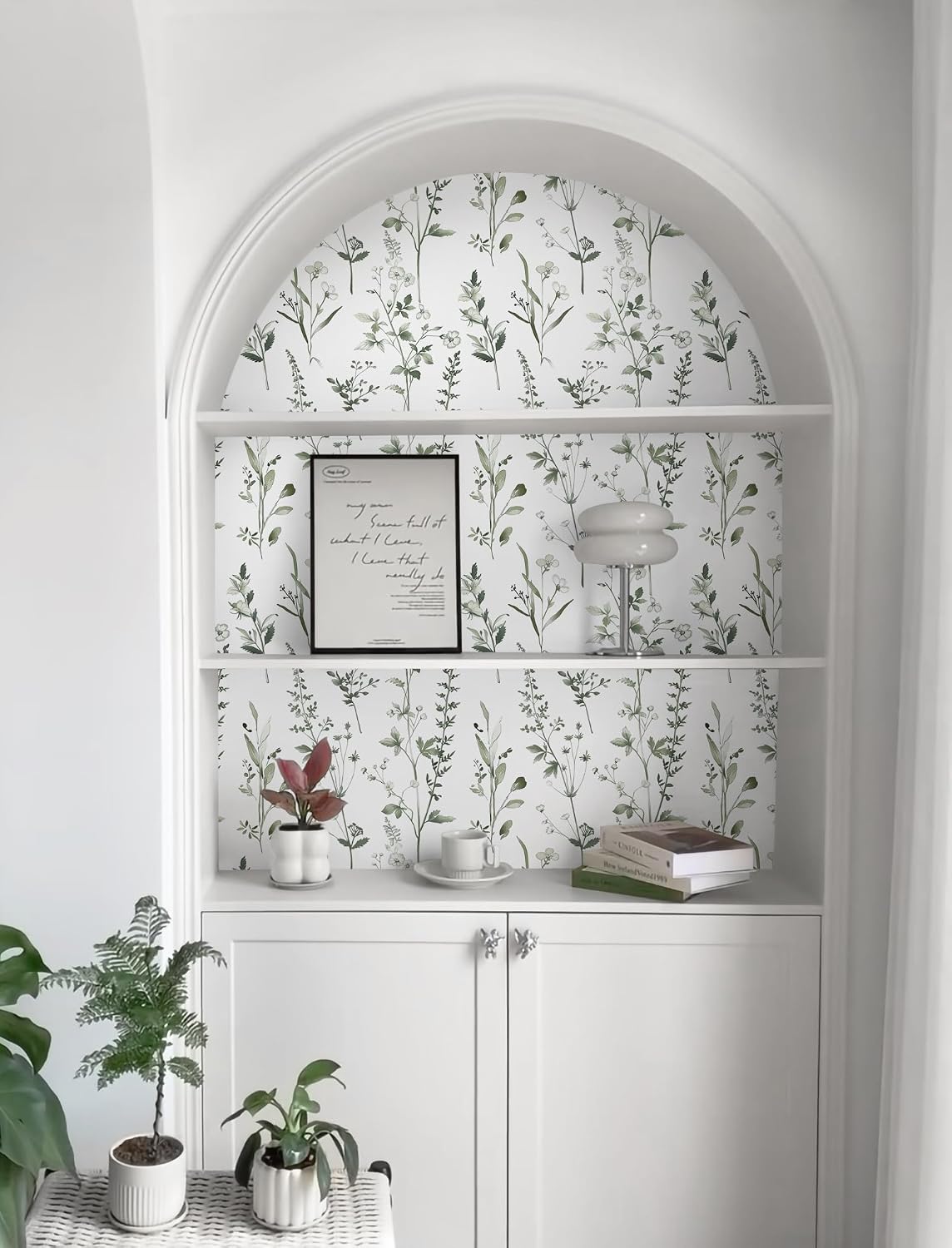 Peel and Stick Wallpaper Green Leaves Wall Paper White Boho Contact Paper 17.3"×393" Left Self-Adhesive Removable for Bedroom Leaf Waterproof Shelf Liner Decal Vinyl Roll