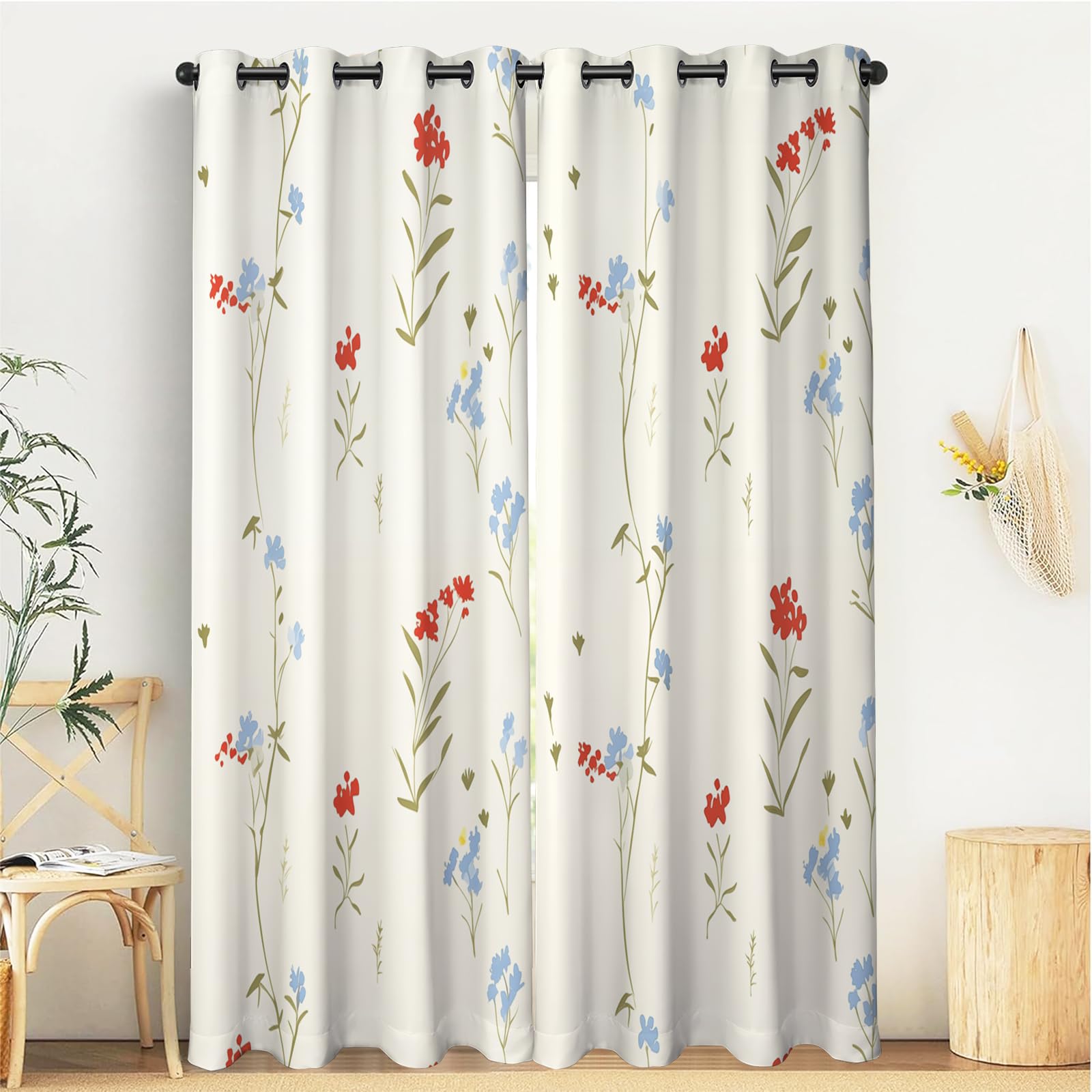 Rideau occultant anti froid à oeillets motif fleurs sauvages pour fenêtre de maison