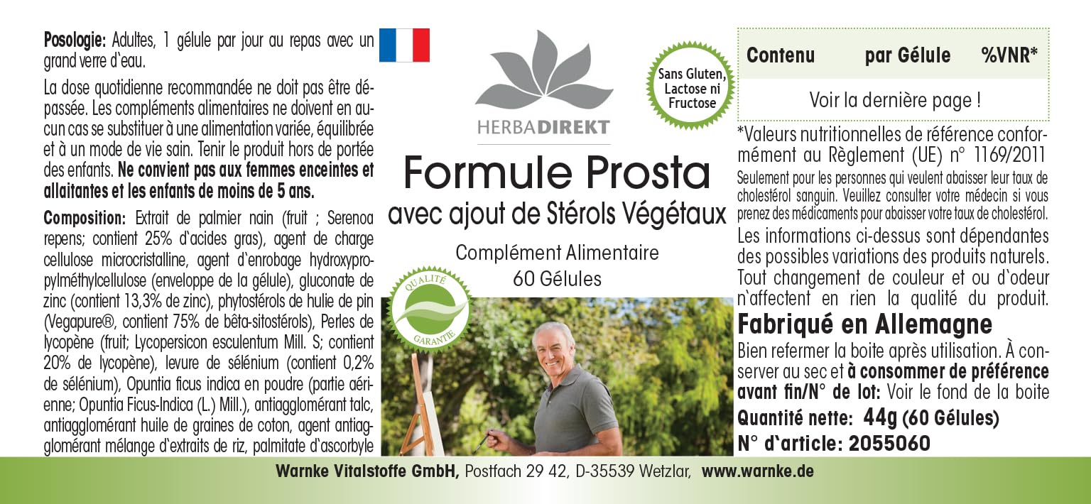 Formule Prostate – avec Stérols végétaux, Palmier nain, Zinc, Sélénium, Betasistérol & Lycopène - 60 gélules | Herba Direkt - Qualité des pharmacies allemandes