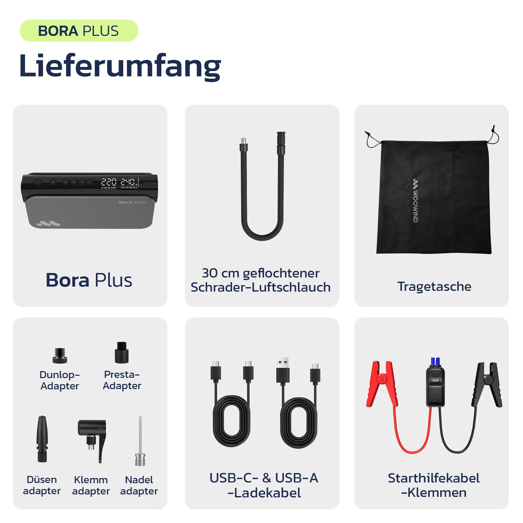 Woowind 3-in-1 Starthilfe, Akku Kompressor, 65W Powerbank, 10.3 BAR | 150PSI Akku Kompressor, 65W Powerbank, LED-Licht, Auto Starthilfe, 16000 mAh Booster Auto