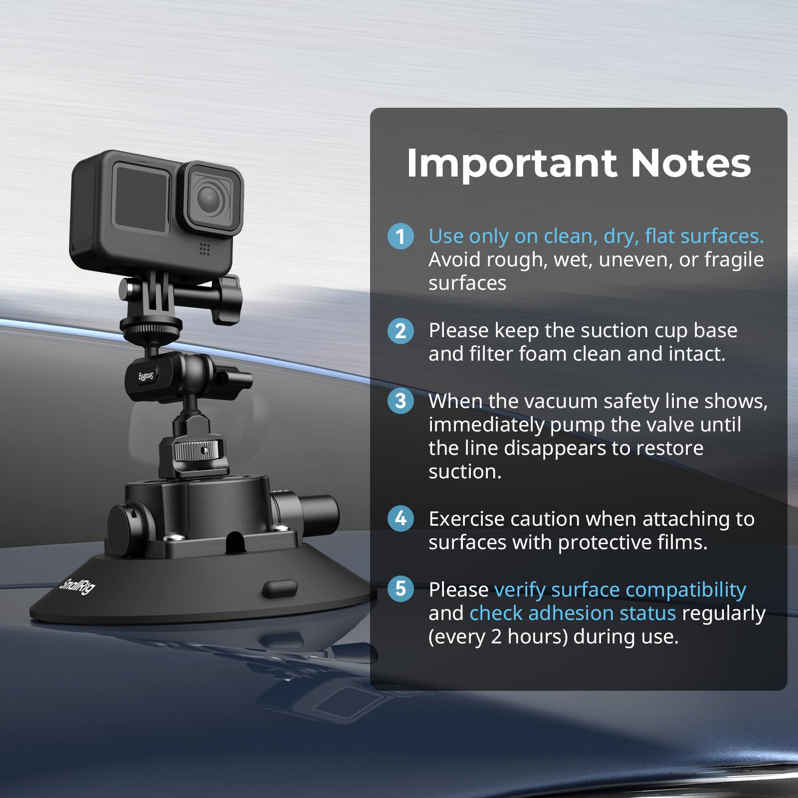 SMALLRIG Uchwyt 6" z przyssawką kulową Magic Arm, uchwyt do kamer sportowych do DJI Osmo Action 5 Pro/4, do Insta360 x5, do GoPro 13/12, udźwig 3 kg, na szybę samochodu lub okno - 5856