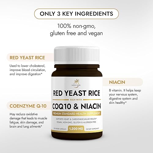 Miniatura 4 de Native Oasis (2 Bottles) Red Yeast Rice 1,200 mg. Capsules Made with CoQ10 and Flush Free Niacin (240 Count)  Non-GMO, Citrinin Free, Gluten Free,