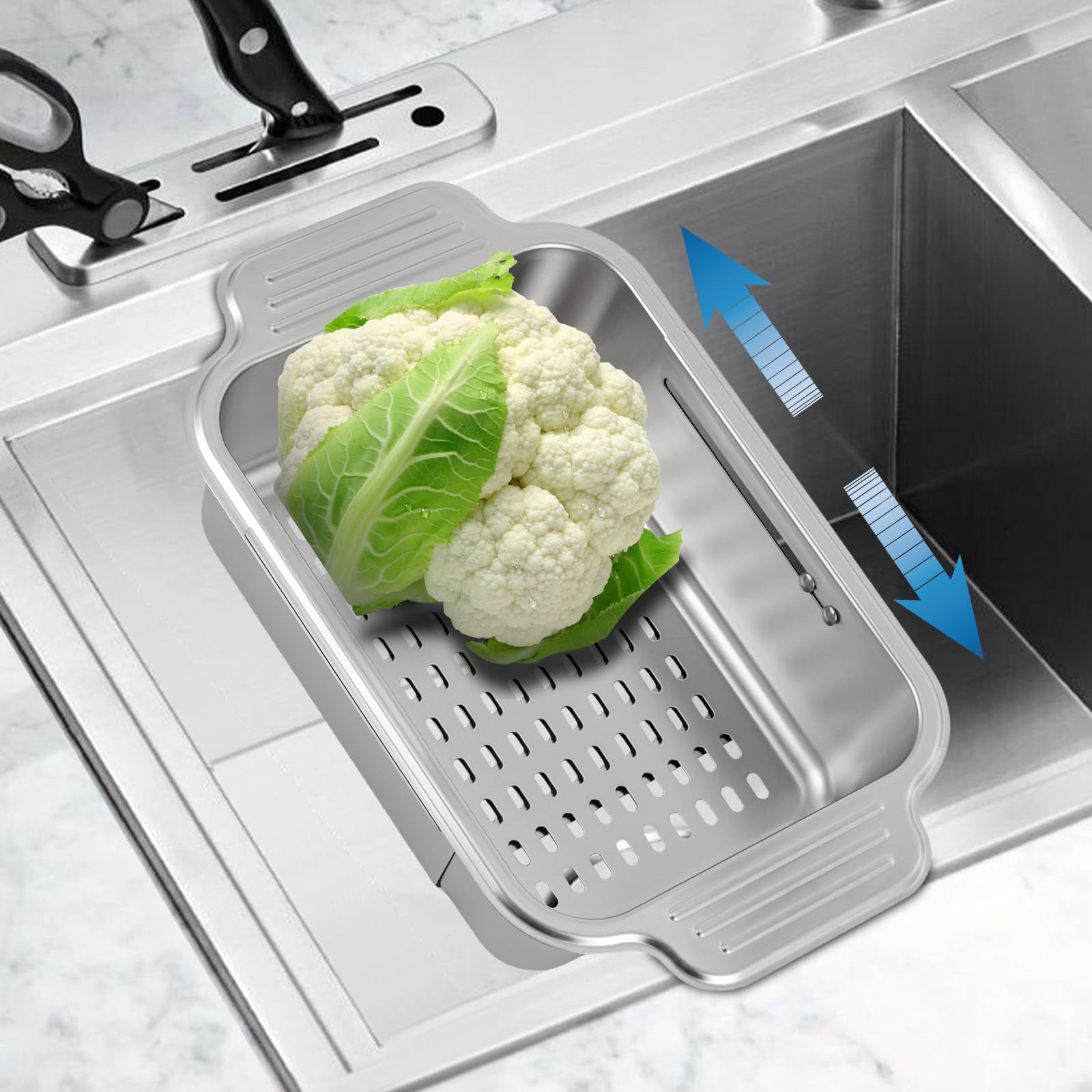 Colador para cocina, fregadero con asas dobles, extensible, colador de pasta de acero inoxidable 304, colador para fregadero de cocina, color plateado