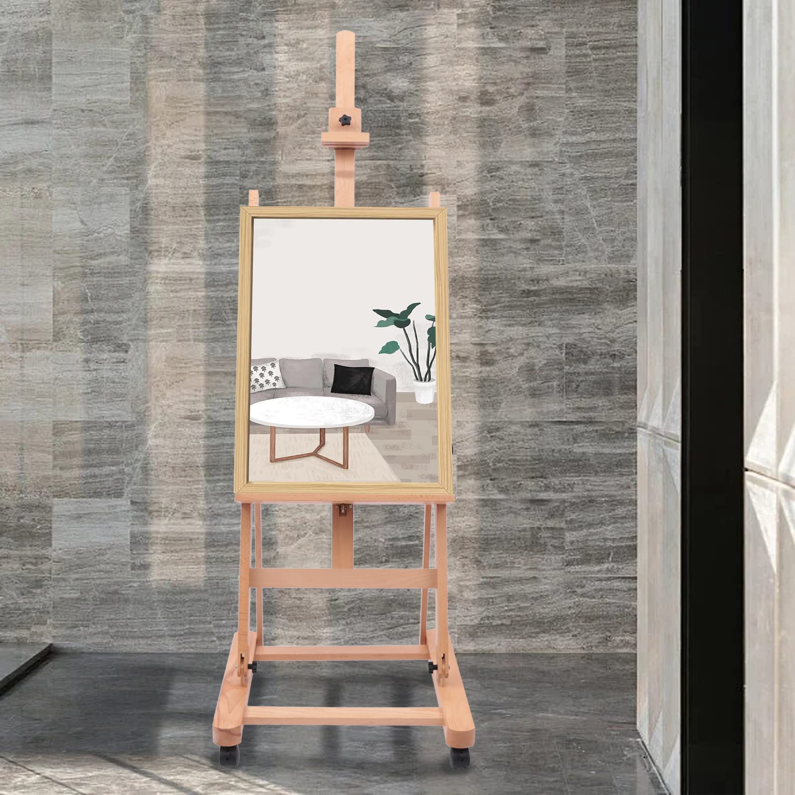 Caballete de madera grande con marco en H ajustable (175-240 cm), con 4 ruedas universales, espacio máximo de pintura de 51,18 pulgadas, para artistas, estudiantes y adultos, 55 x 56 x 240 cm