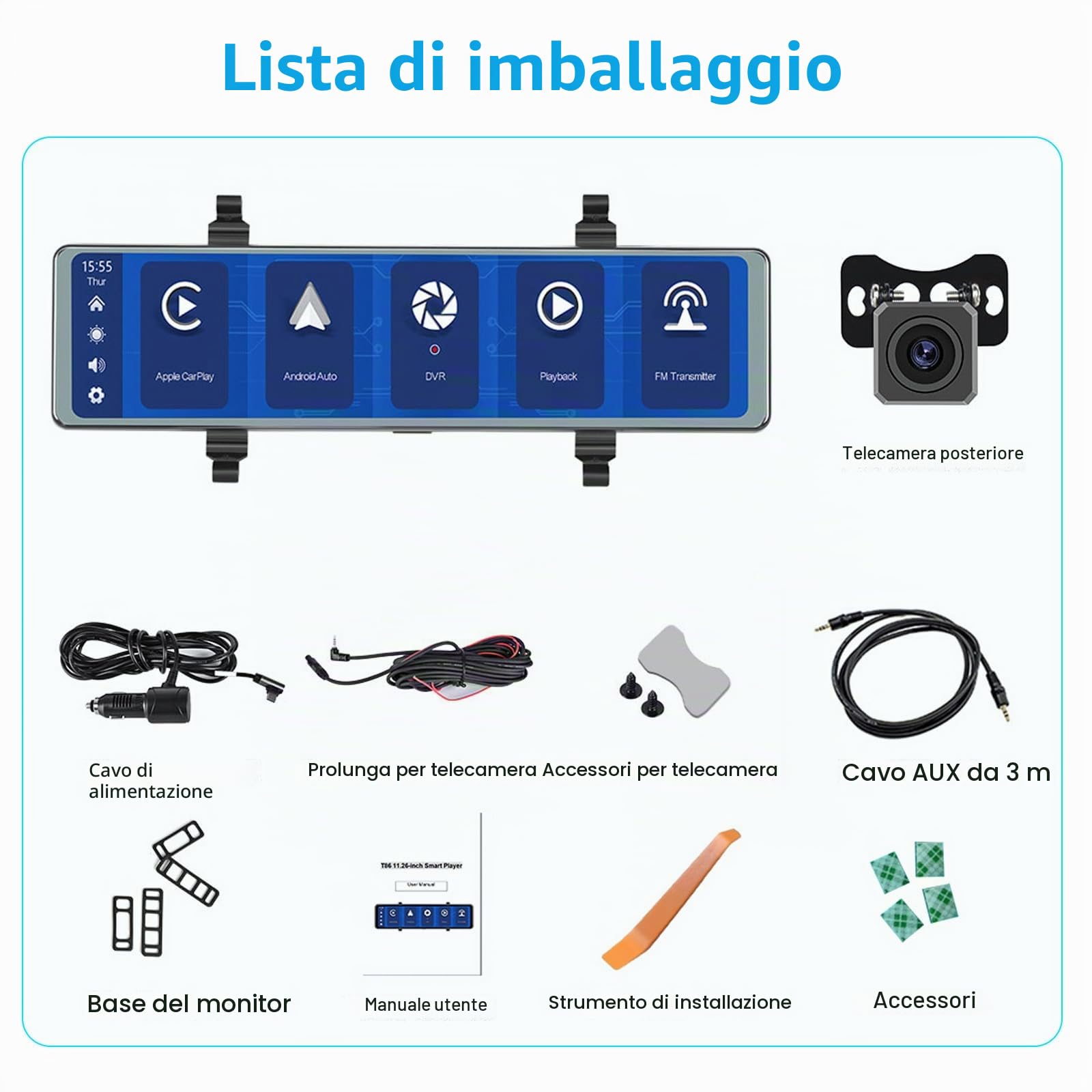 Podofo Specchio Telecamera per Auto per Retromarcia con Wireless Carplay Android Auto 11,26" IPS Touchscreen Mirror Dashcam Doppio Retrovisore Dash Cam per Auto, 2 Schermi Divisi, Bluetooth