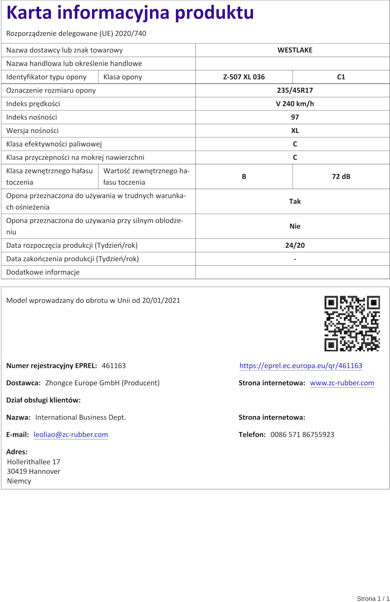 OPONY PNEUMATYCZNE WESTLAKE 235/45 R17 97V Z-507 XL