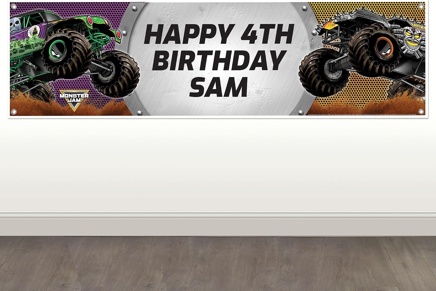 Monster Jam Custom Vinyl Banner - Personalized Party Banner 16.75" x 61.75" - Indoor/Outdoor Banner with Grommets - Birthday, Graduation, Anniversary, Any Occasion!