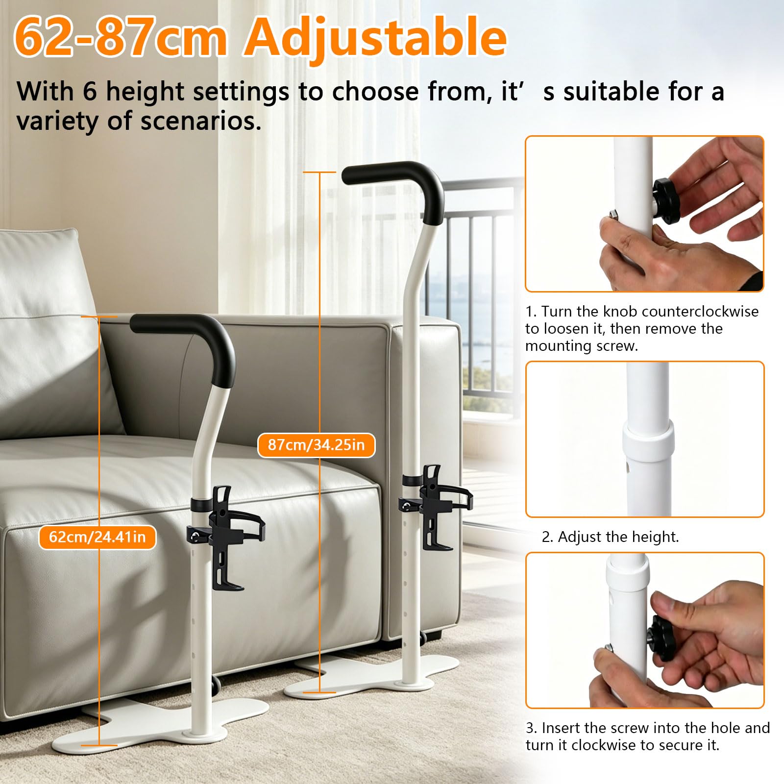 Aufstehhilfe für Senioren mit Getränkehalter, Aufstehhilfe Sofa, 6 Höhenverstellbare 62 bis 87cm, Stehhilfe mit Polstergriff, Mobilitätshilfe für Senioren, Schwangere und Behinderte